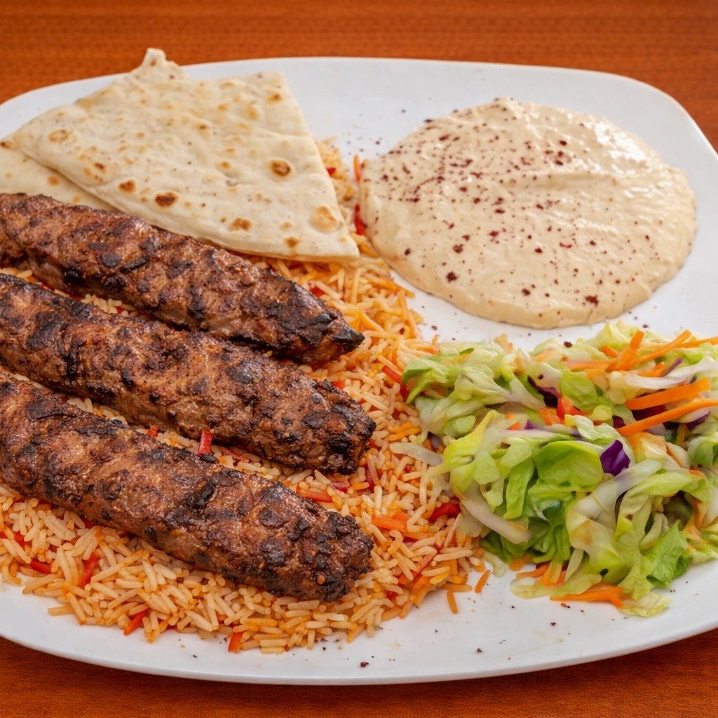 Lamb & Beef Seekh Kabab Over Rice.