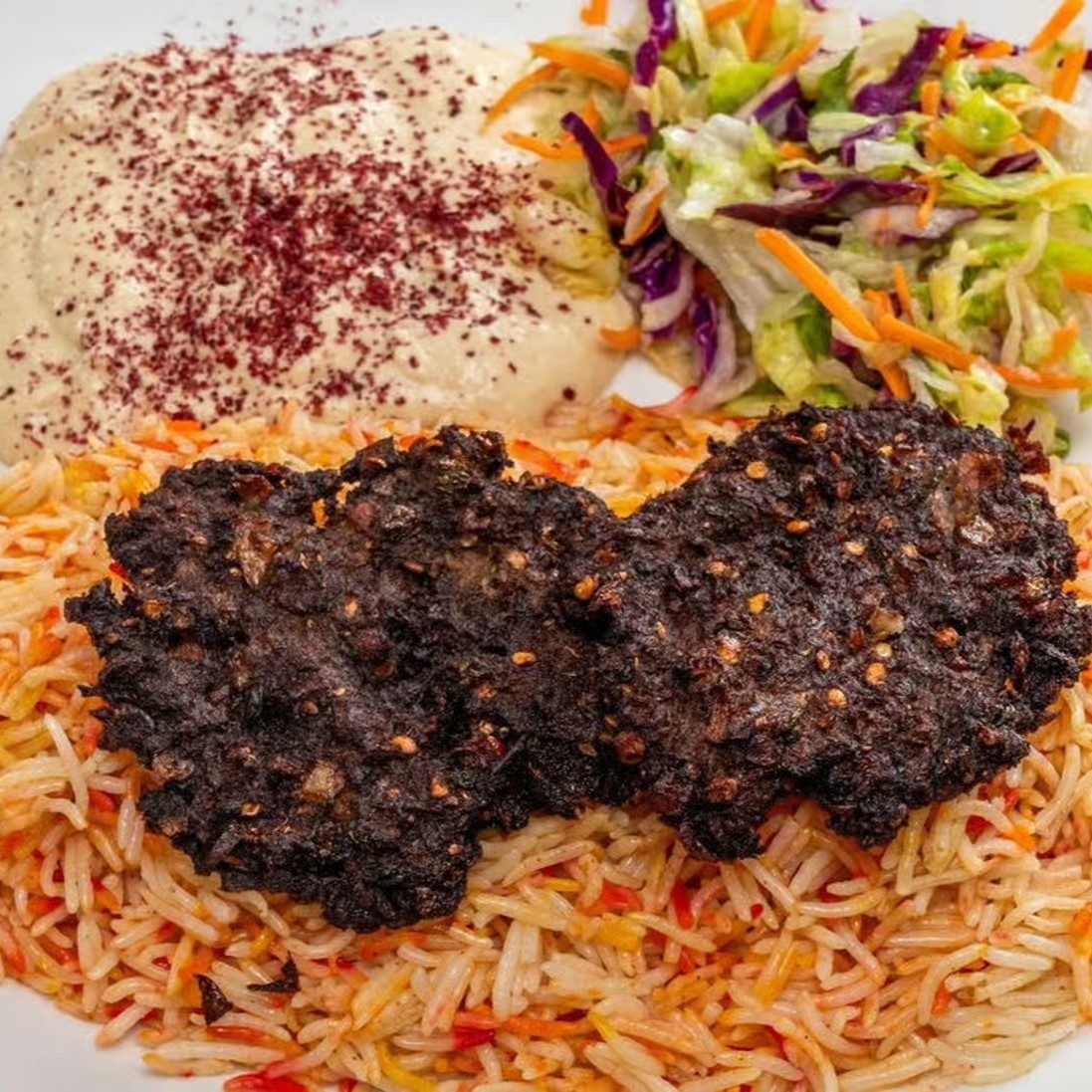 Beef Chapli Kabab Over Rice.