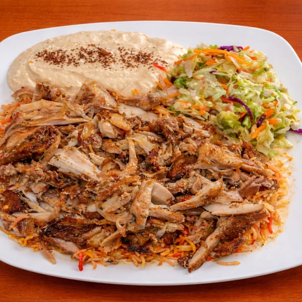 Halal Bites' chicken over rice with hummus and a side salad on a white plate.